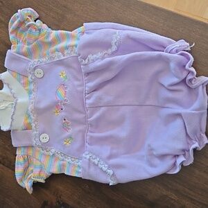 Vintage Purple Smocked Bubble Ruffle Romper Turtles Flowers Lace